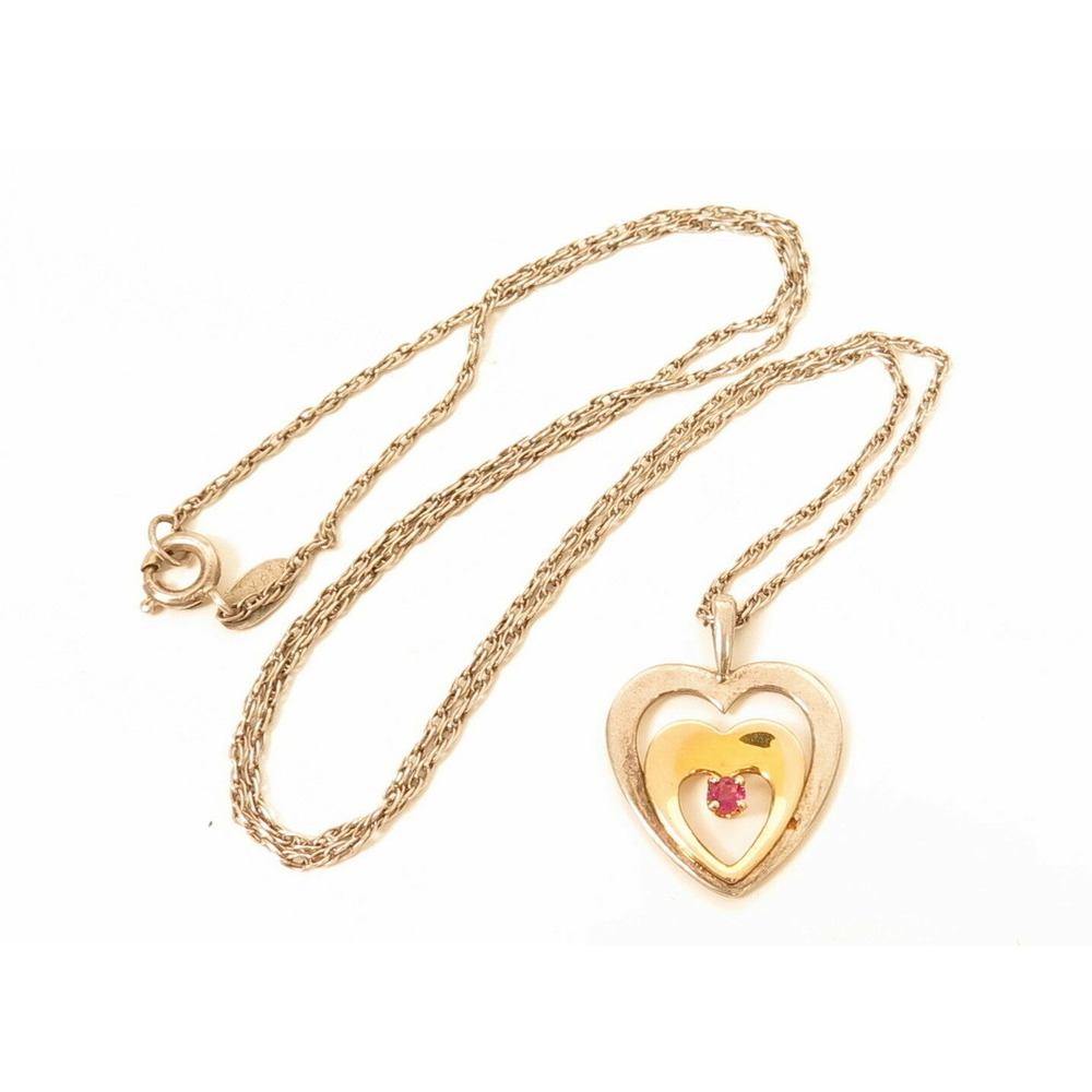 Vintage Fine Signed WRE Sterling Silver Two Toned Ruby Heart Pendant Necklace‎